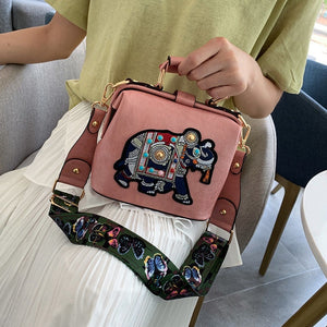 Elephant embroidered shoulder handbag